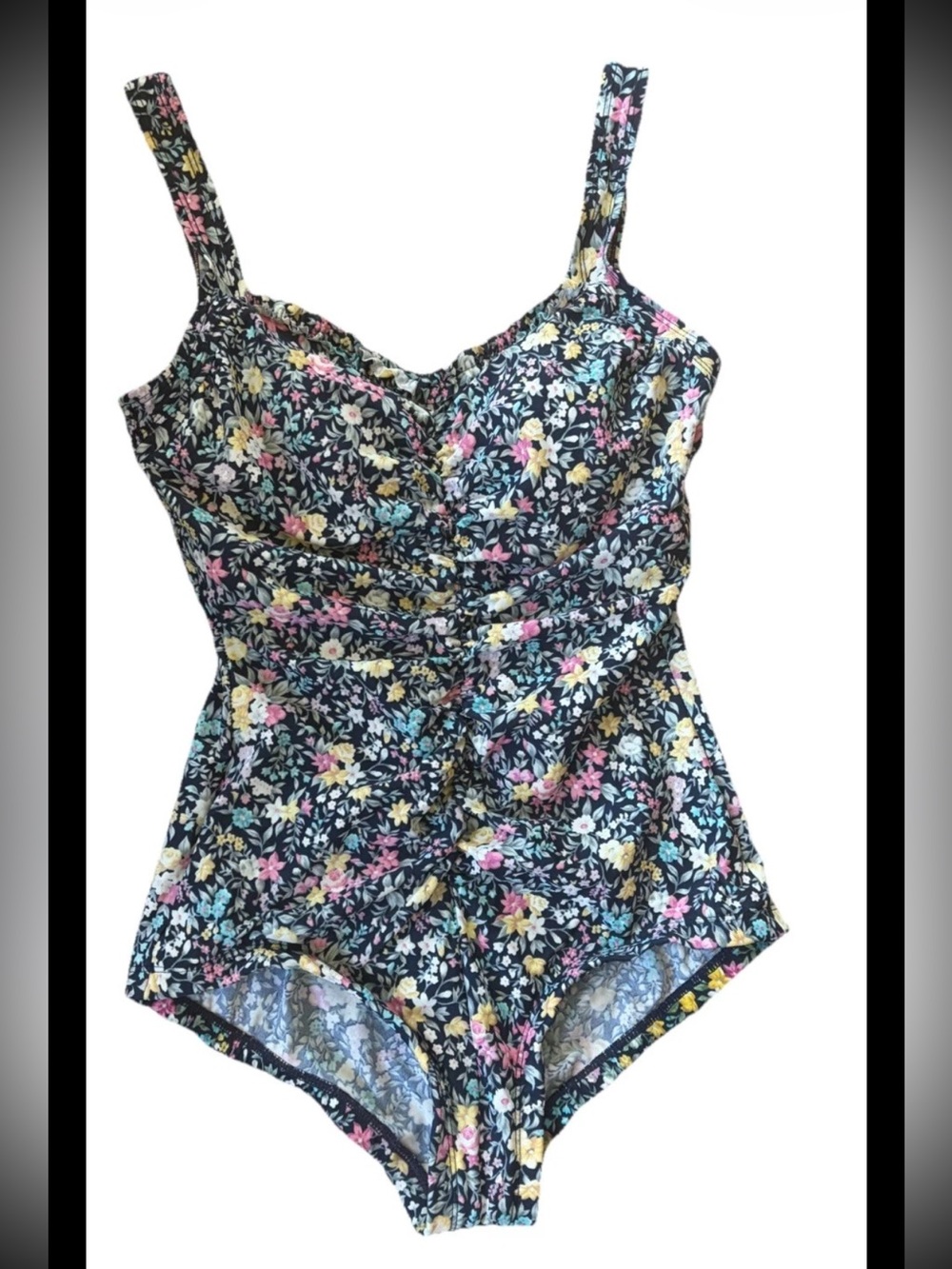 Woman’s One Piece Swimsuit Floral Ruching Tummy Slim Wide Straps Gabar Sz 12 L